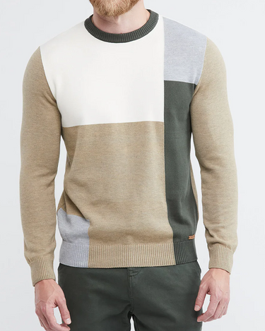 COLOR BLOCK CREWNECK KNIT SWEATER IN BEIGE, GREEN, AND WHITE