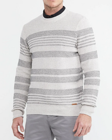 WHITE & GRAY STRIPED CREW NECK KNIT SWEATER