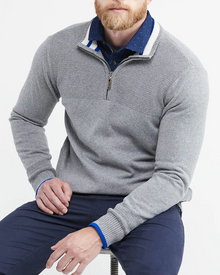 KNIT ZIP MOCKNECK SWEATER IN GRAY AND BLUE