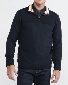 KNIT ZIP MOCKNECK SWEATER IN NAVY AND YELLOW