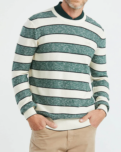 COTTON STRIPED ROUNDNECK SWEATER IN GREEN AND WHITE