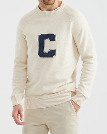 VARSITY CREWNECK SWEATER IN ECRU AND BLUE