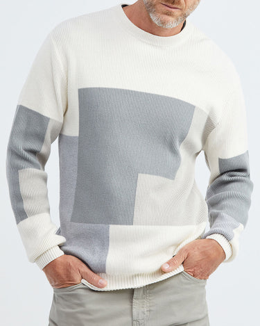 COTTON COLOR BLOCK SWEATER IN ECRU & GRAY