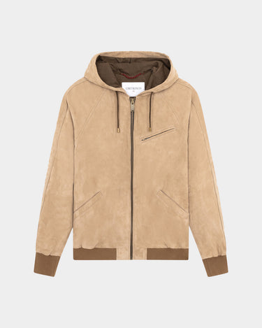 HOODED BOMBER SUEDE JACKET IN BROWN