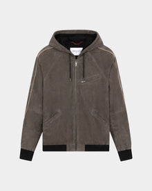 HOODED BOMBER SUEDE JACKET IN GRAY