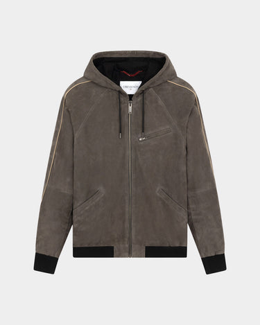 HOODED BOMBER SUEDE JACKET IN GREY