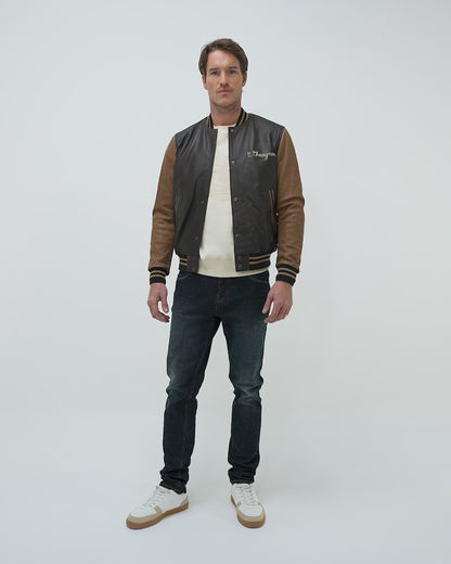 CENTURY 90 VARSITY LEATHER JACKET IN BROWN