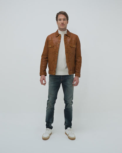 TYPE 2 TRUCKER LEATHER JACKET IN BROWN